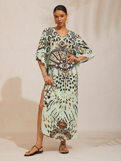 Vintage Leopard Jewelry Chiffon Dolman Sleeve Maxi Dress