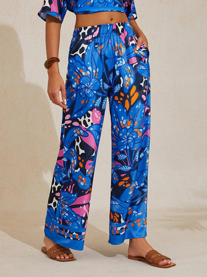 Abstract Azure Silky Satin Wide Leg Pants