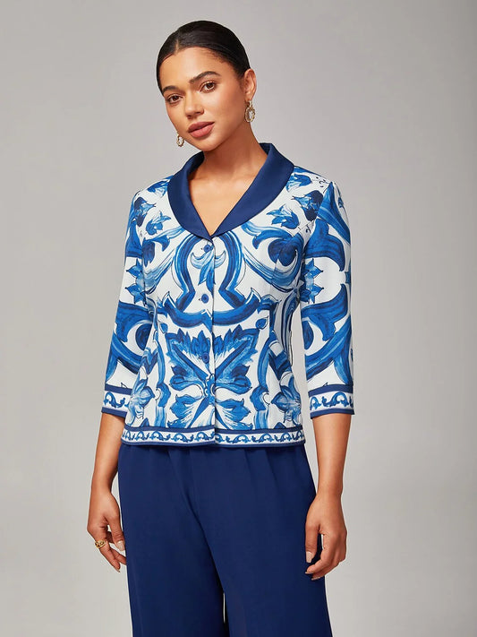Porcelain Print Notched Lapel Blazer