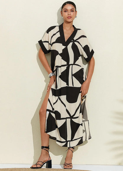 Short Geometric Print Loose Fit Double Slit Maxi Dress