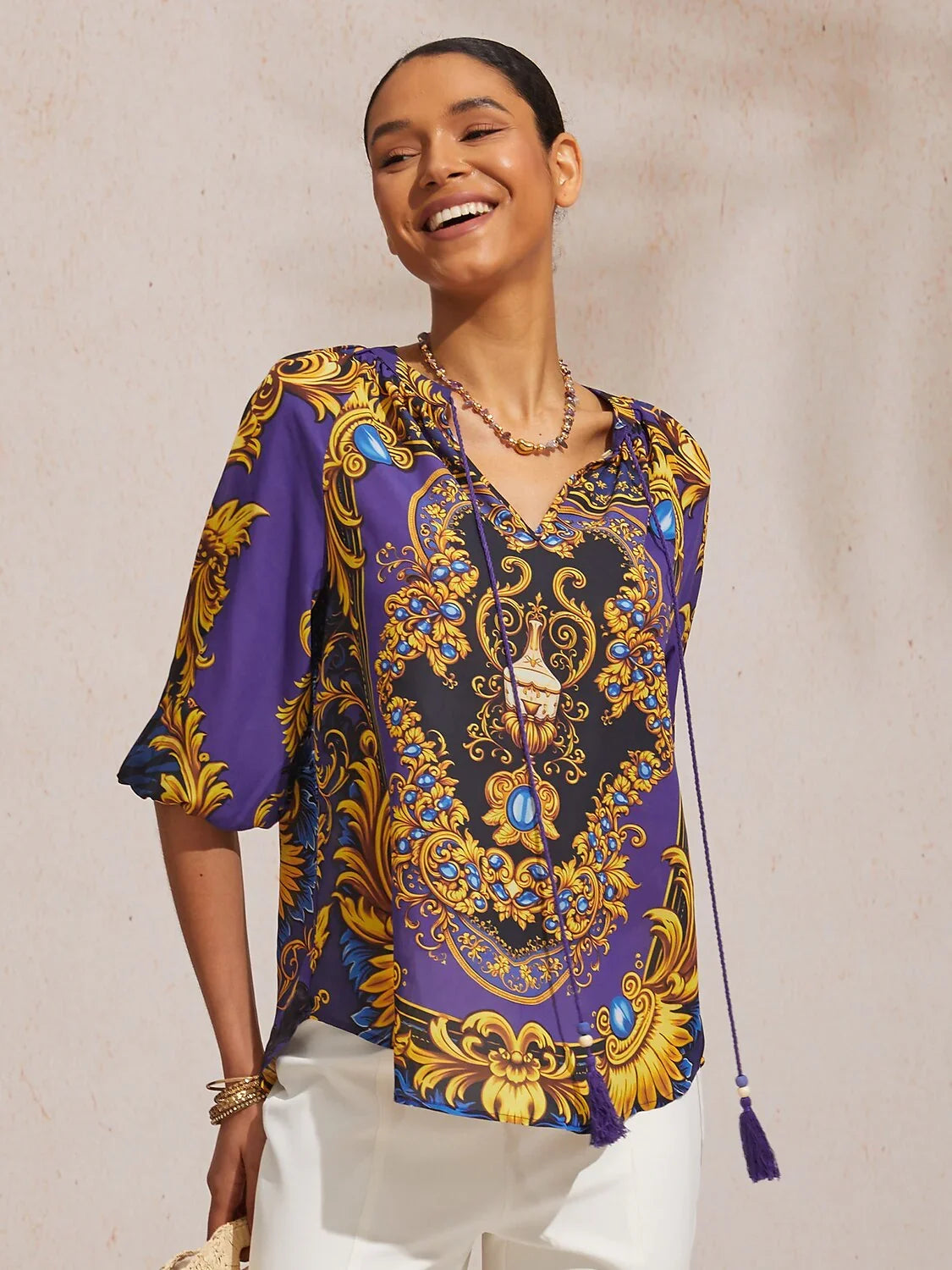Midnight Blue Baroque Chiffon 3/4 Sleeves Top