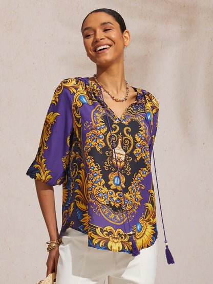 Midnight Blue Baroque Chiffon 3/4 Sleeves Top