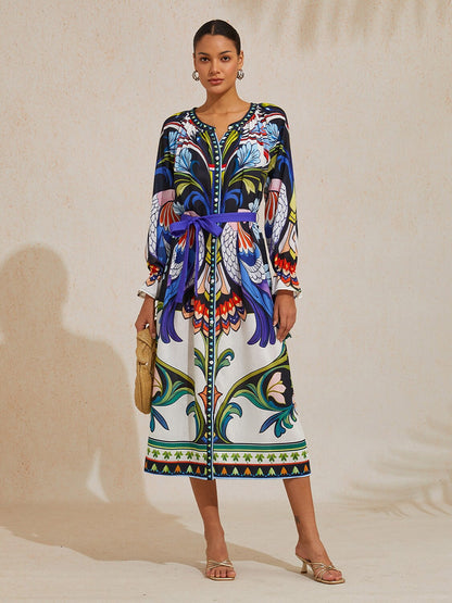 Bird Flower Linen Look Maxi Dress