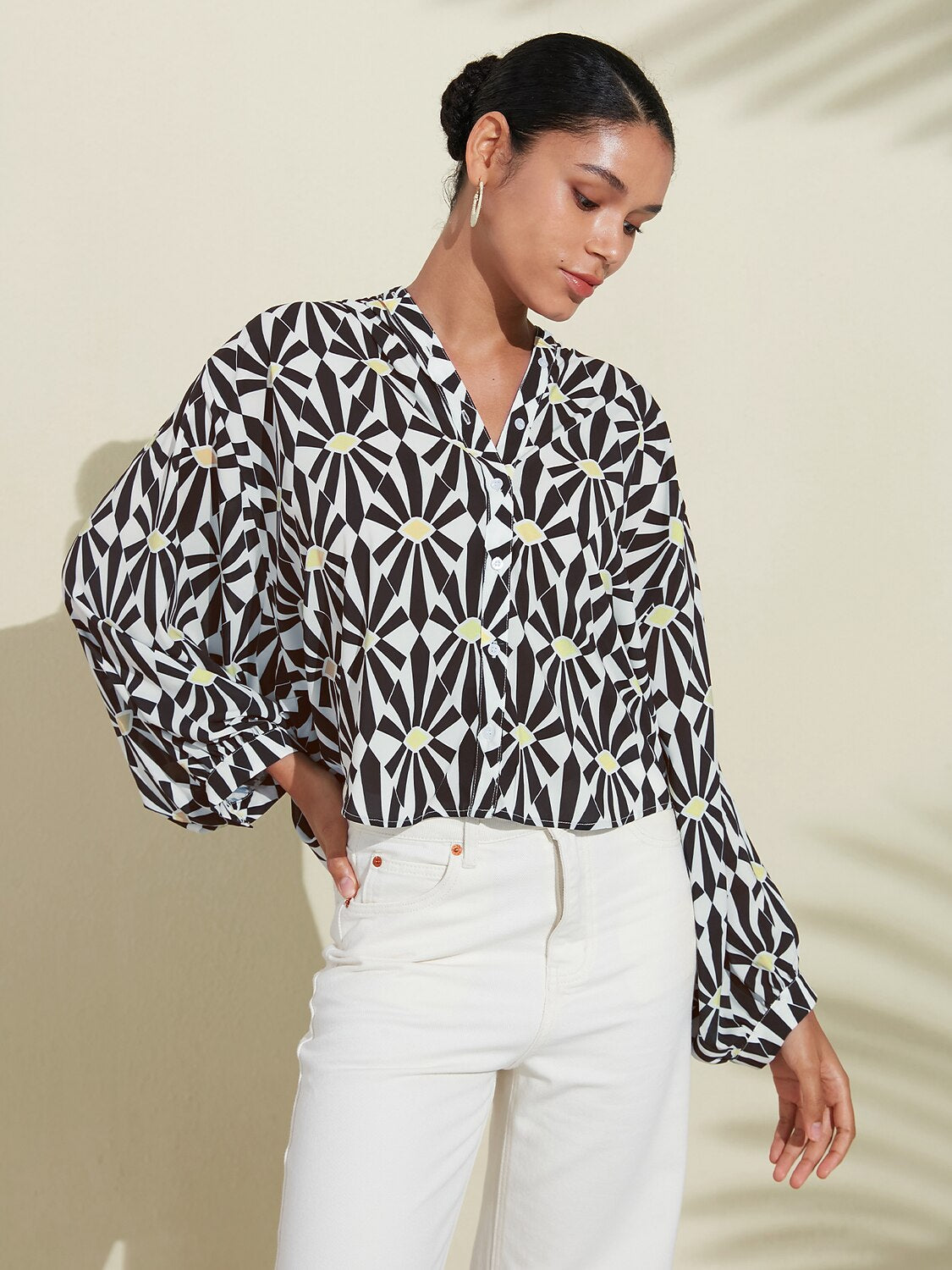 Moroccan Floral V-Neck Silky Satin Blouse