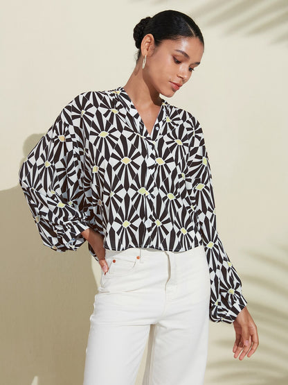 Moroccan Floral V-Neck Silky Satin Blouse