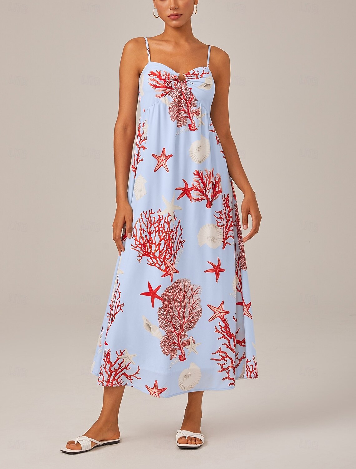 Rotes Chiffon-Maxikleid mit Ozeanmotiv und Spaghettiträgern