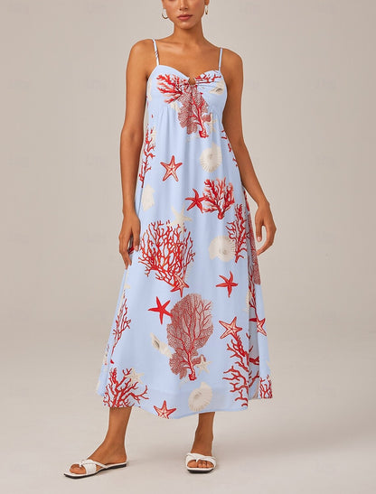 Rotes Chiffon-Maxikleid mit Ozeanmotiv und Spaghettiträgern