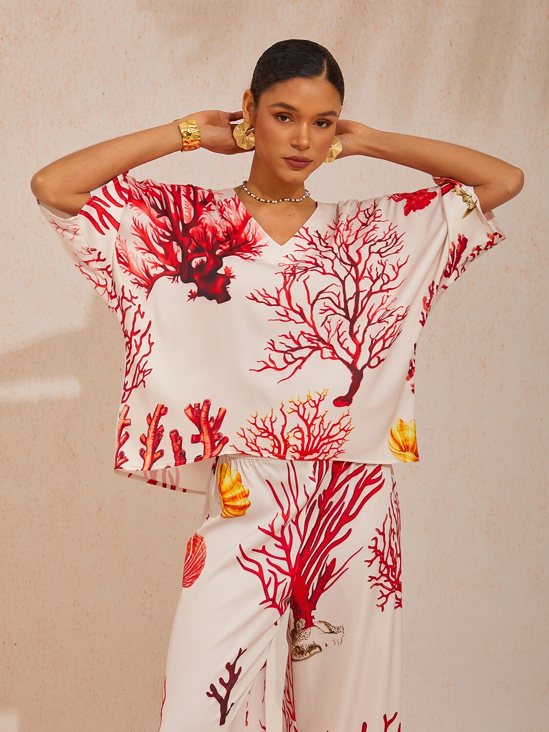 Coral Riviera Silky Satin Batwing Top