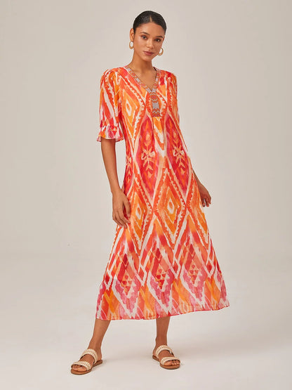 Chiffon-Midi-Kleid mit V-Ausschnitt und Ethno-Print