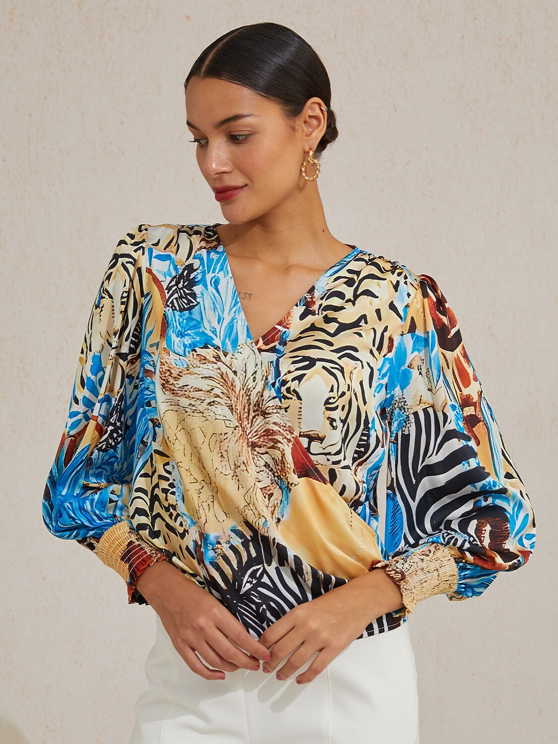 Sapphire Zebra Bloom Silky Satin Blouse