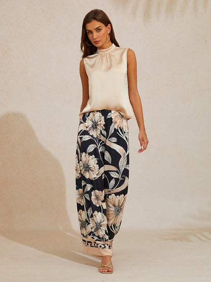 Cream Apricot Silky Satin Sleeveless Top