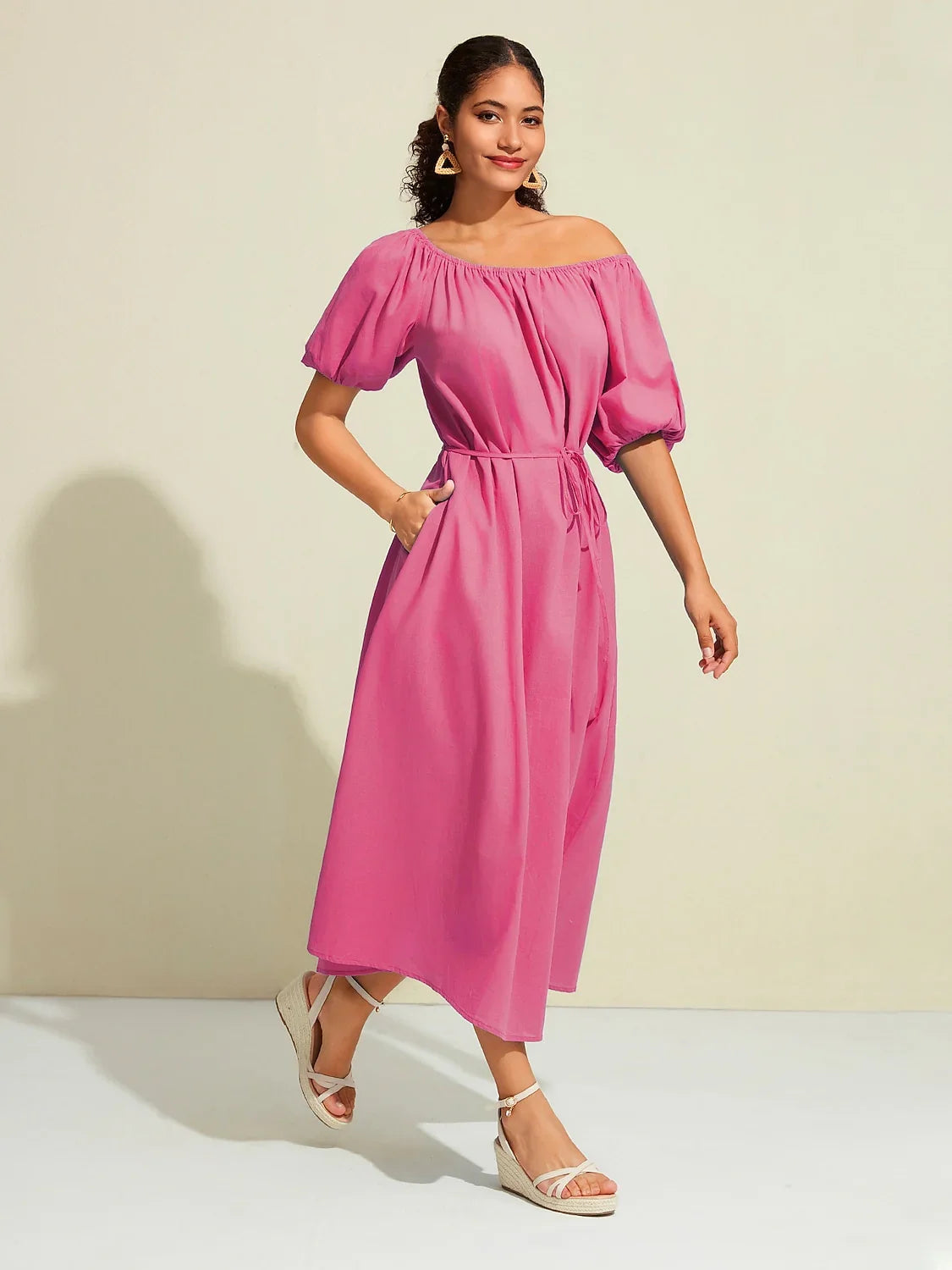 Cotton Resort Loose Fit Off-Shoulder Puff Maxi Dress