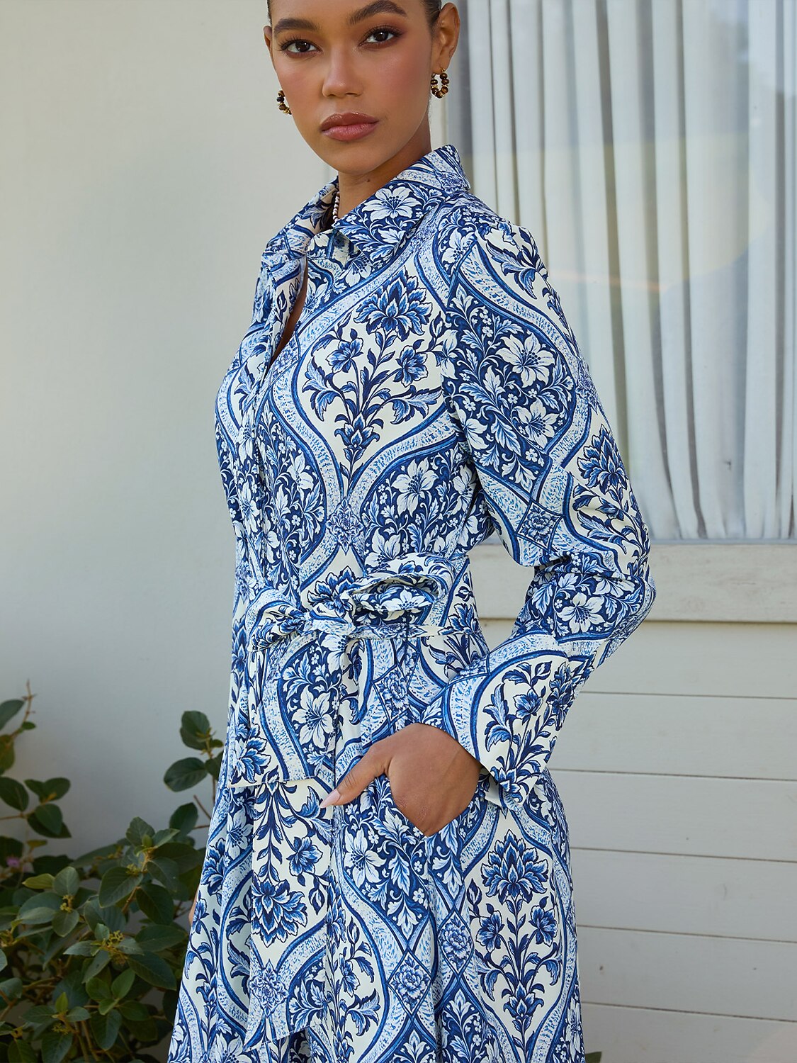 Azure Medallion Silky Satin Midi Dress