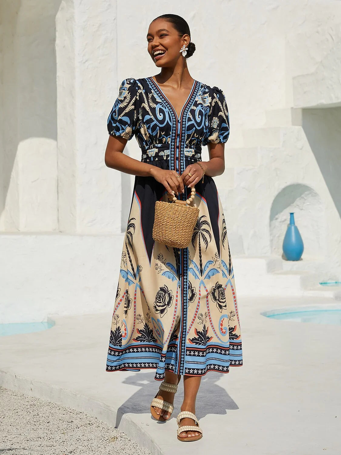 Summer Night Palm Linen Like Maxi Dress