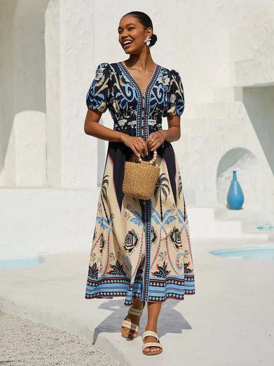Summer Night Palm Linen-Like Maxi Dress