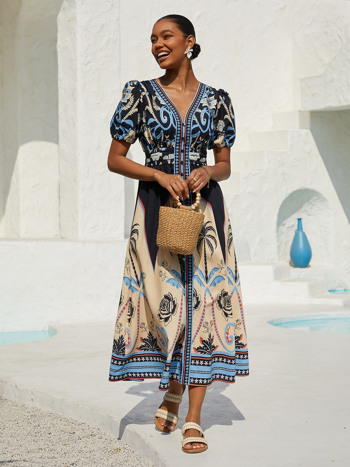 Sommernacht Leinen-ähnliches Maxikleid mit Palmenmuster