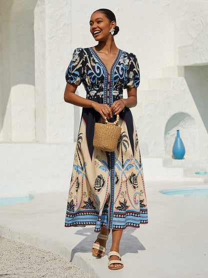 Sommernacht Leinen-ähnliches Maxikleid mit Palmenmuster