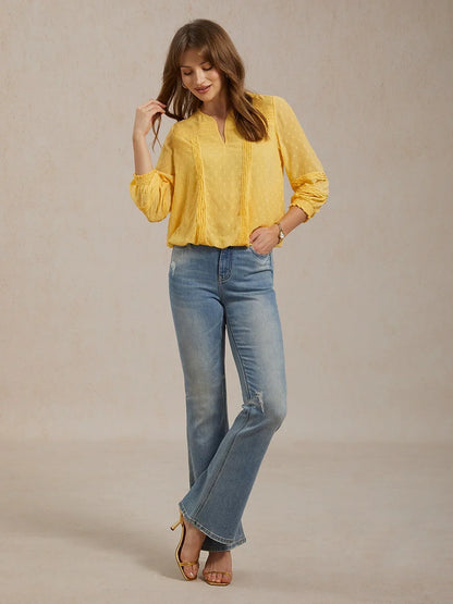 Cotton Stretch Flared Jeans High Waist Frayed Hem Denim Pants