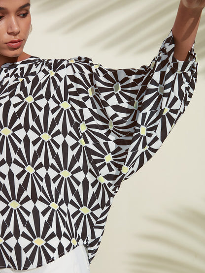 Moroccan Floral V-Neck Silky Satin Blouse