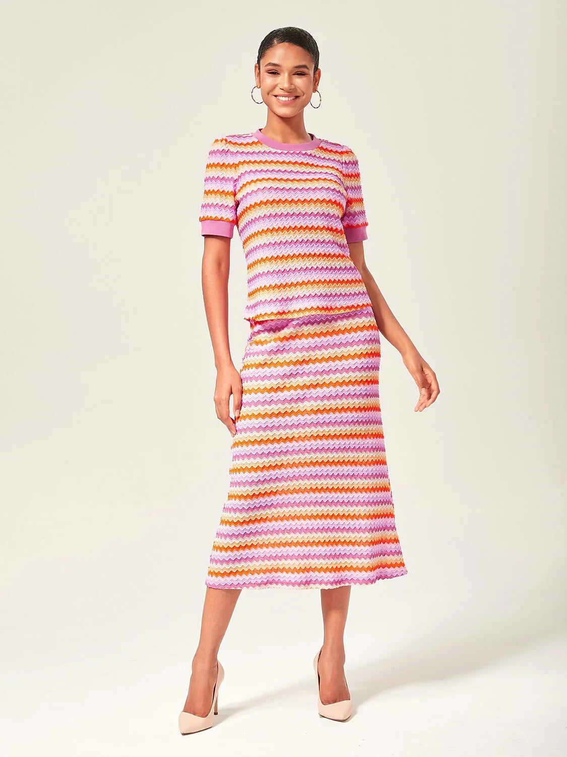 Orange Knitted Stretch Color Block Skirt