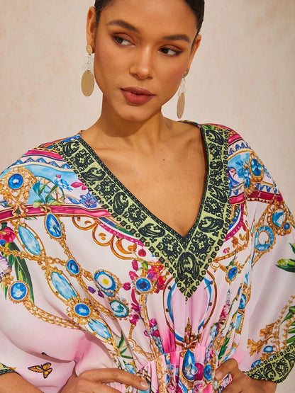 Pink Jungle Party Flowy Chiffon Diamond Kaftan