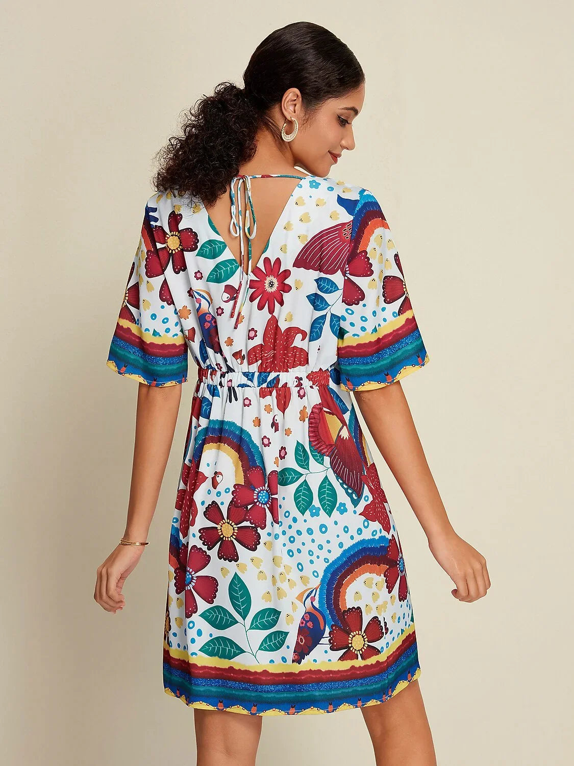 Satin Floral Print Half Sleeve V Neck Mini Dress