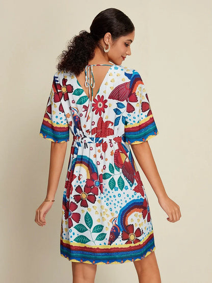 Satin Floral Print Half Sleeve V Neck Mini Dress