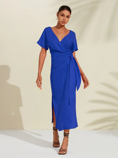 Tencel Linen Shirred Wrap Midi Dress