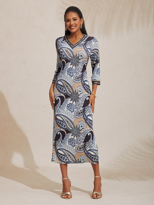 Abstract Paisley Print Knit Stretch Fitted Maxi Dress