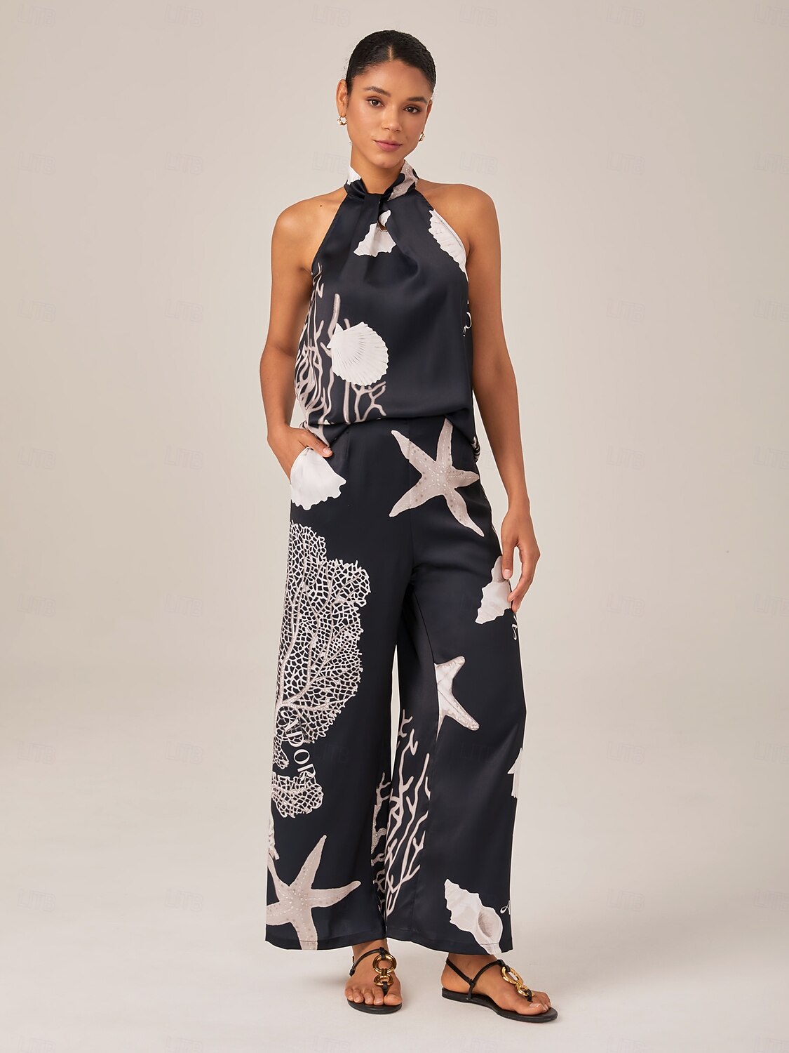 Vacation Style Ocean Print Satin Sleeveless Set
