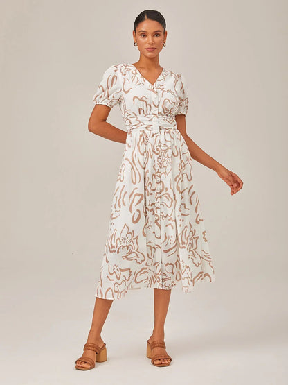 Abstract Art Print Linen-Like Maxi Dress