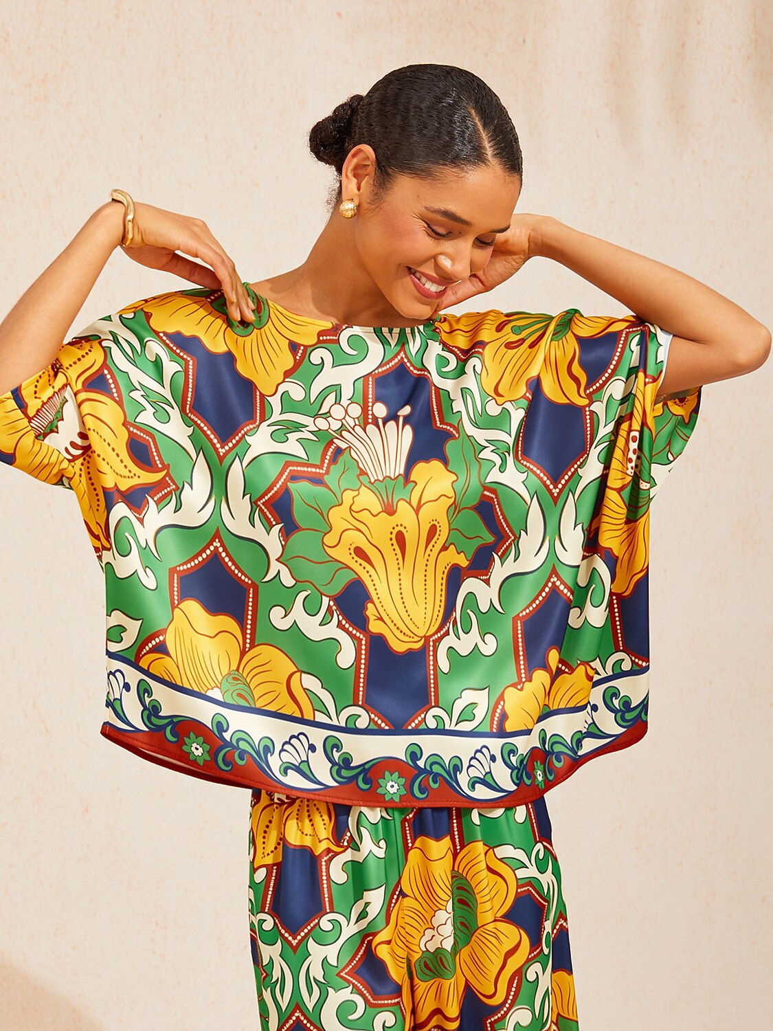 Emerald Bloom Bazaar Silky Satin Batwing Top