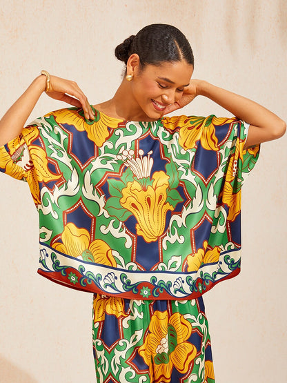Emerald Bloom Bazaar Silky Satin Batwing Top