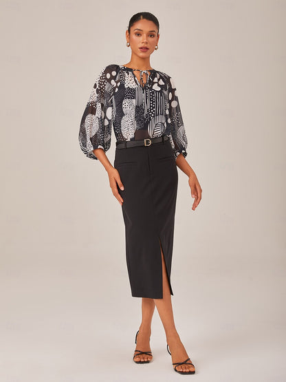Abstract Print Puff Sleeve V-Neck Chiffon Blouse