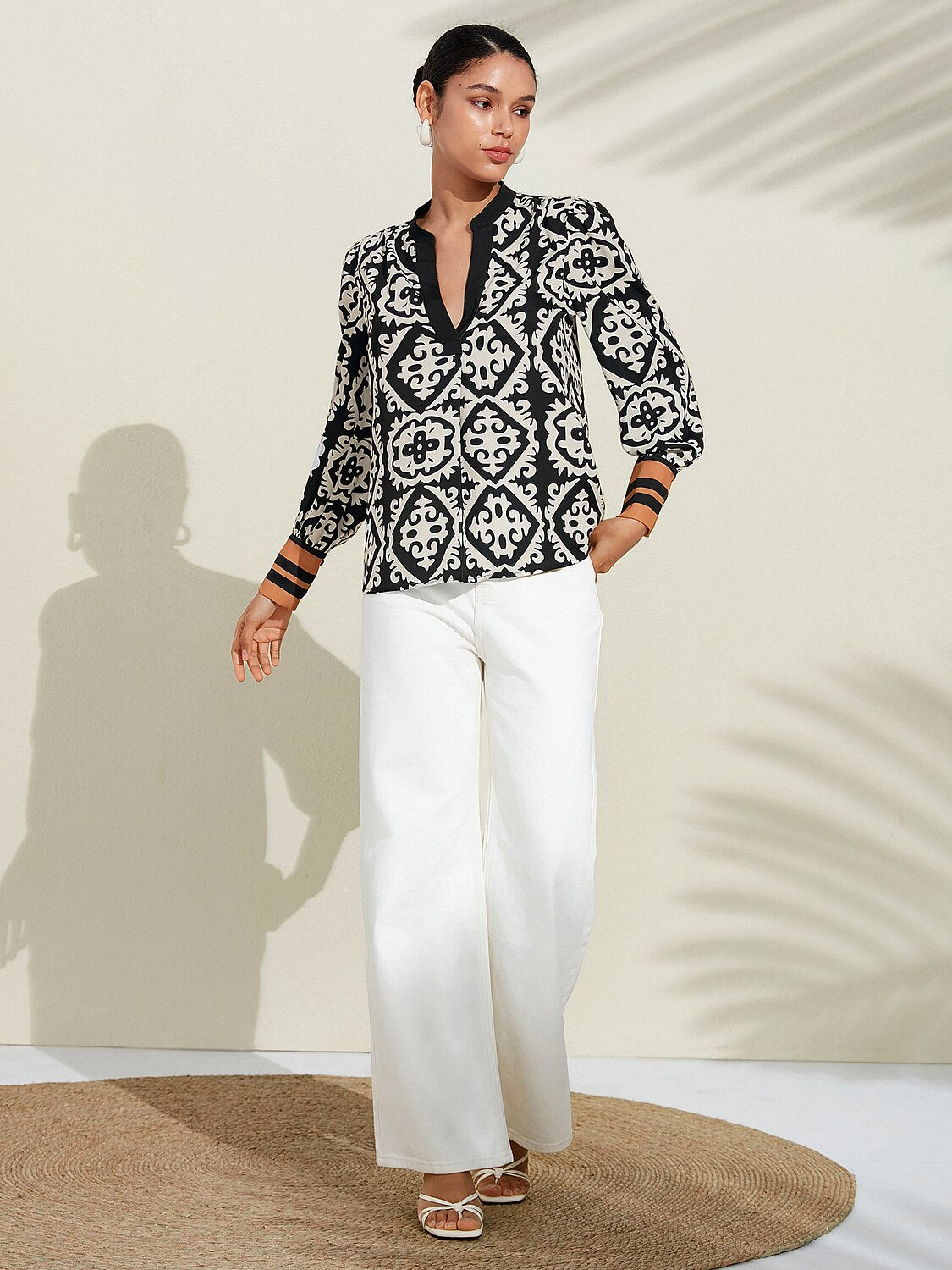 Satin Eden Moroccan Black and White Printed Blouse