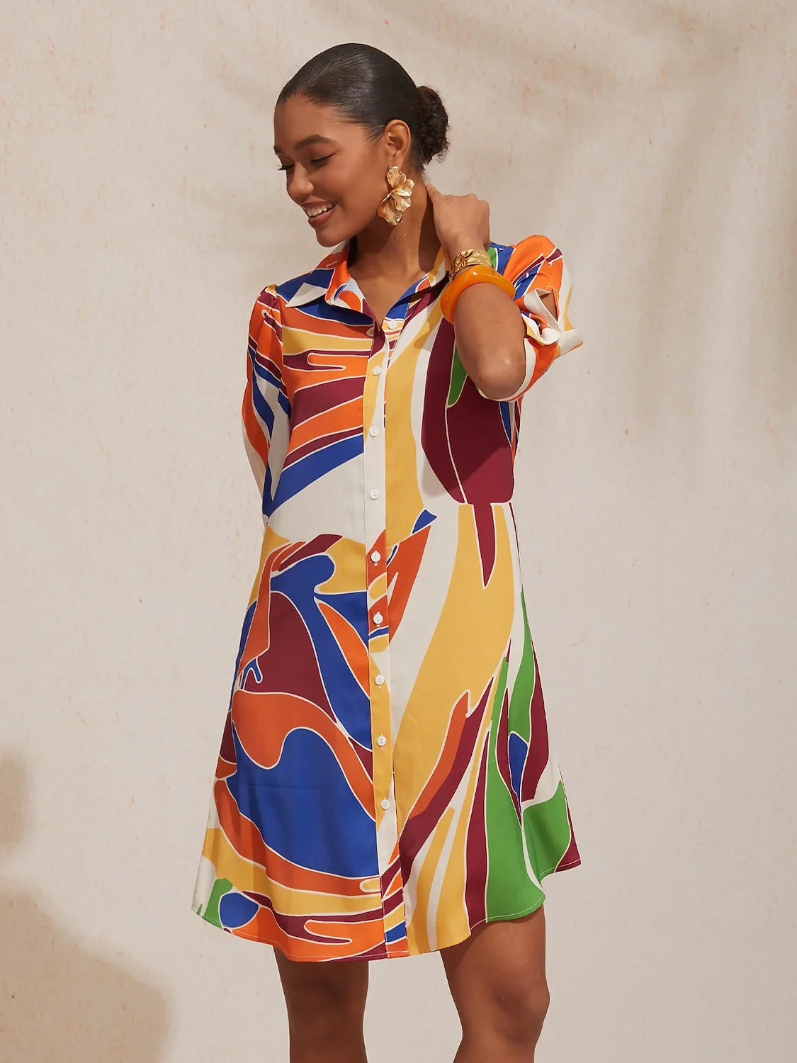 Mallorca Blossom Silky Satin Straight Shirt Dress