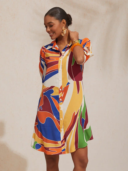 Mallorca Blossom Silky Satin Straight Shirt Dress