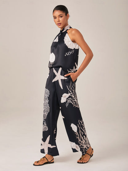 Vacation Style Ocean Print Satin Sleeveless Set