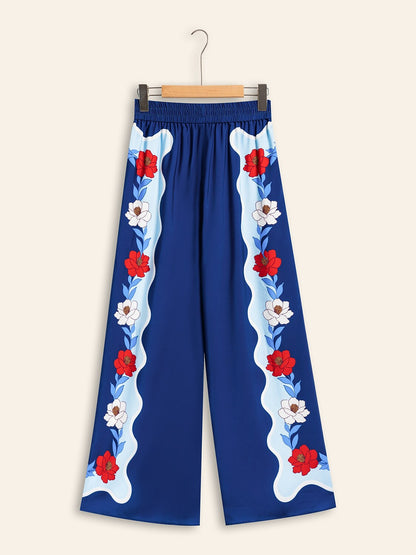 Satin Loose Wide Leg Vacation Artistic/ Retro Printing Causal Pants