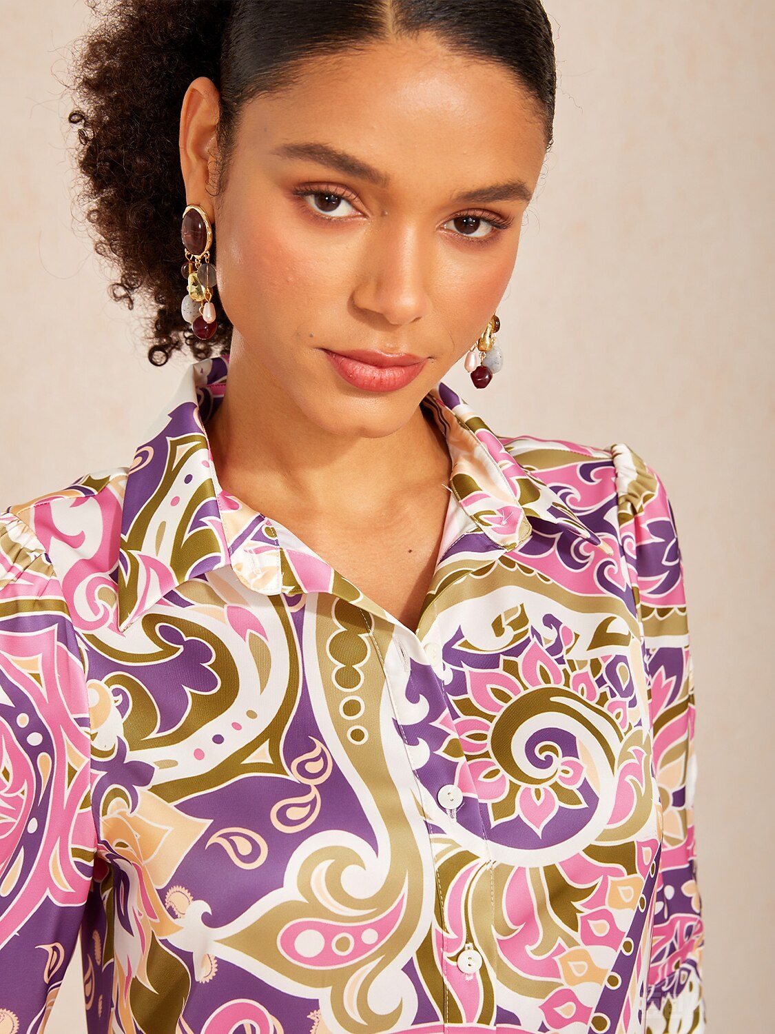 Lavender Paisley Flora Silky Satin Shirt Dress