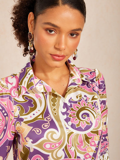Lavender Paisley Flora Silky Satin Shirt Dress