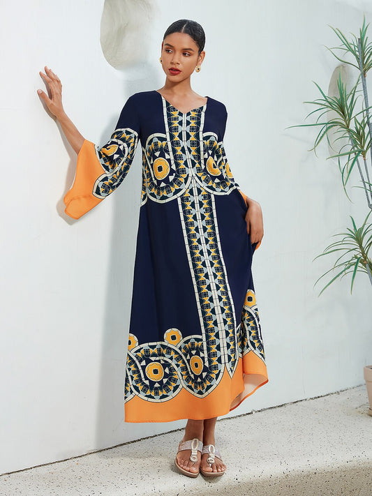 Satin Folk Print Maxi Dress