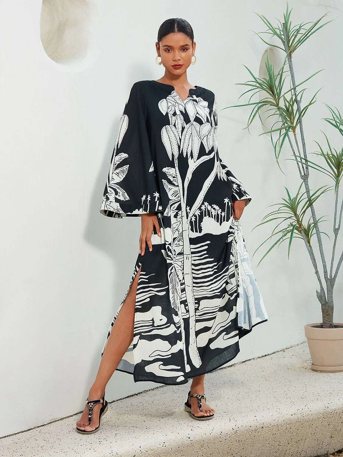 Linen Like Vacation Botanical Print V-Neck Maxi Dress