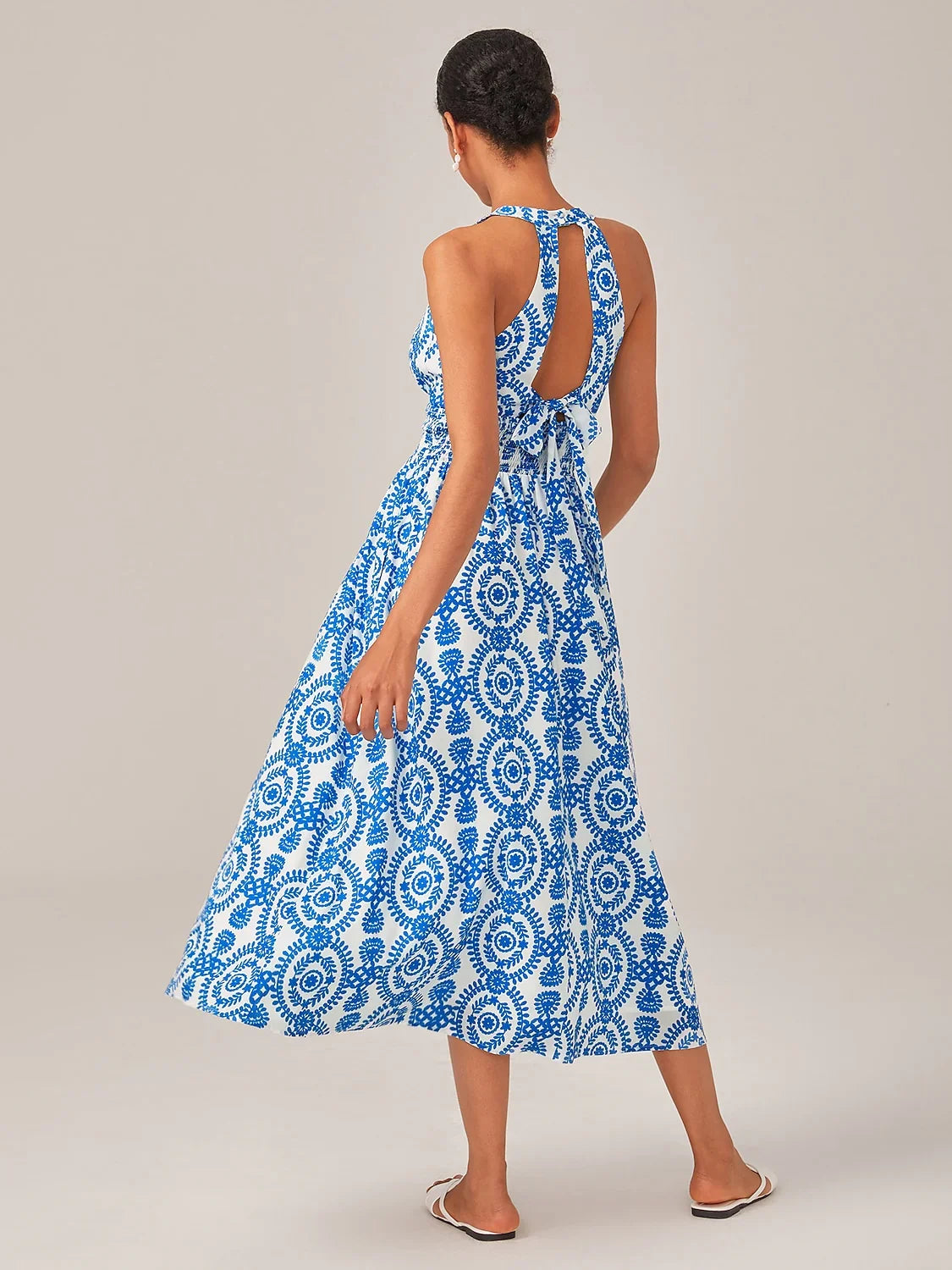 Chiffon Geometric Print Resort-Style Halter Fitted Waist Maxi Dress