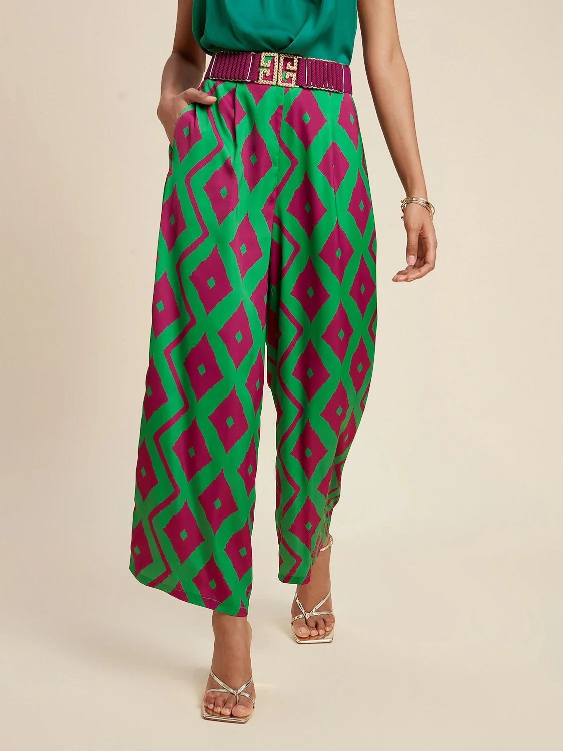 Satin Pocket Geometric Print Micro-elastic Straight Pants