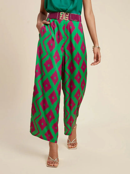 Satin Pocket Geometric Print Micro-elastic Straight Pants