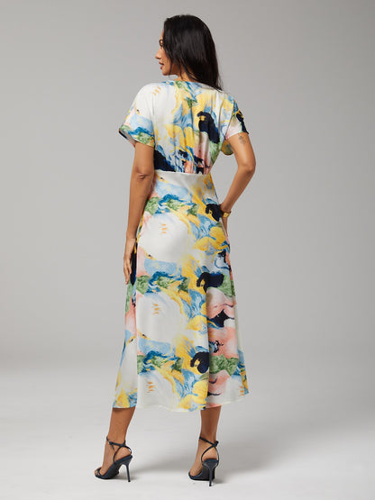 Red Floral Print Silky Satin Maxi Dress