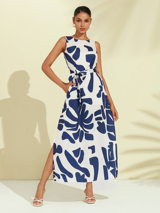 Mattes, ärmelloses Maxikleid aus Satin mit Blumenmuster im Urlaubsstil
