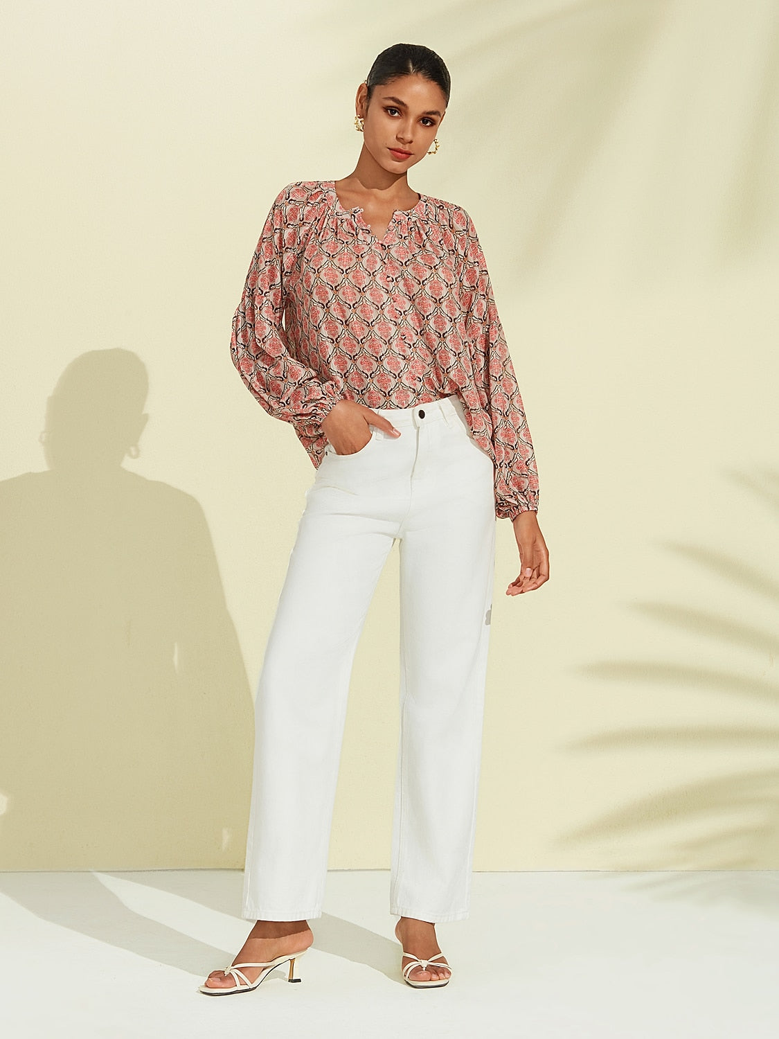 Casual Chiffon Geometric Puff Sleeve Blouse