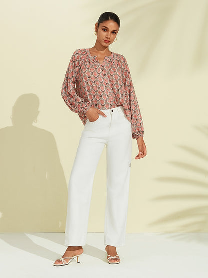 Casual Chiffon Geometric Puff Sleeve Blouse